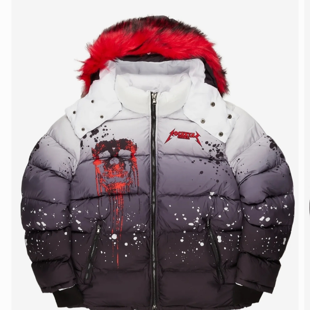 Men's Black and Gray Puffer Jacket with Red Accents